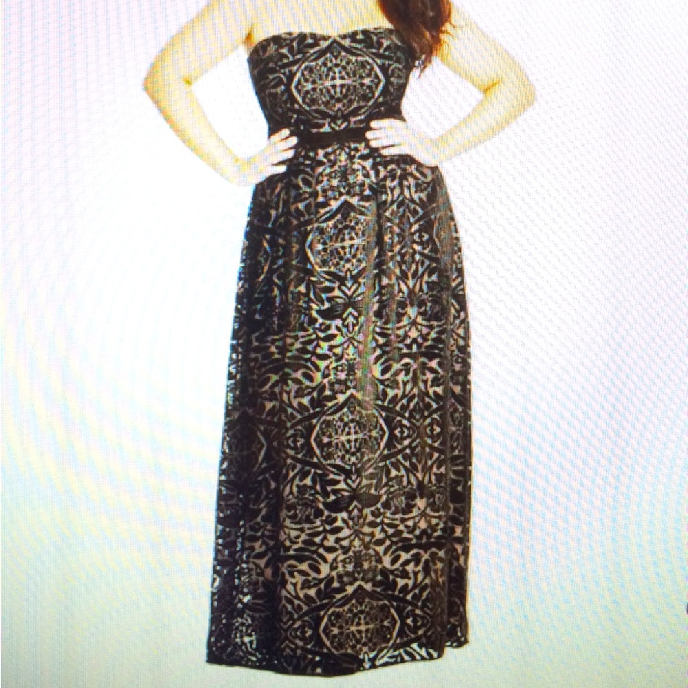 Velvet burnout with gold lining gown - full length strapless gown.